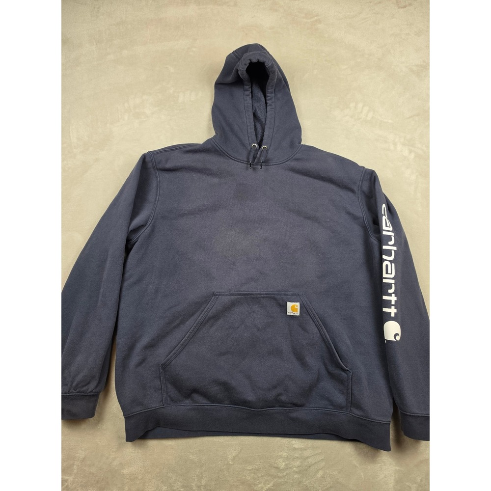 Carhartt Hoodie Men 2XL Blue Loose Sleeve Logo Pullover Sweatshirt K288 *Stained